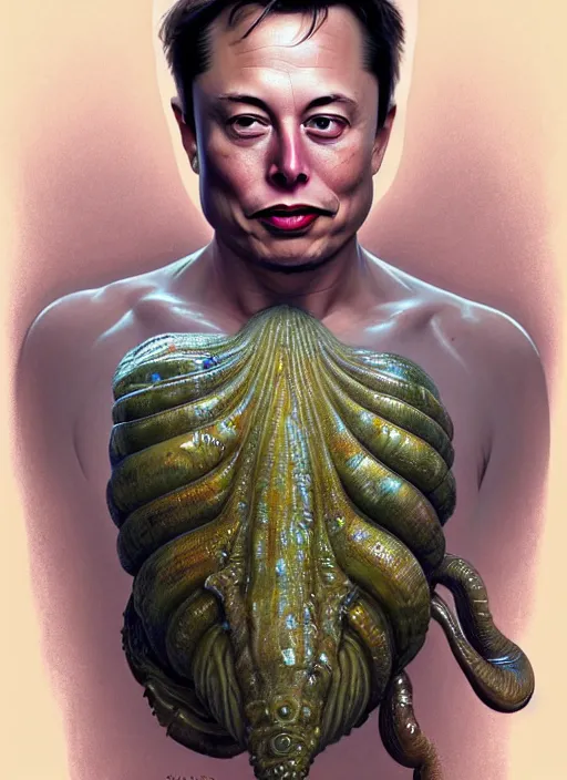 Image similar to elon musk as slimy mollusk, drool, character concept, intricate, elegant, highly detailed, digital painting, artstation, concept art, wallpaper, smooth, sharp focus, illustration, art by h. r. giger and artgerm and greg rutkowski and alphonse mucha