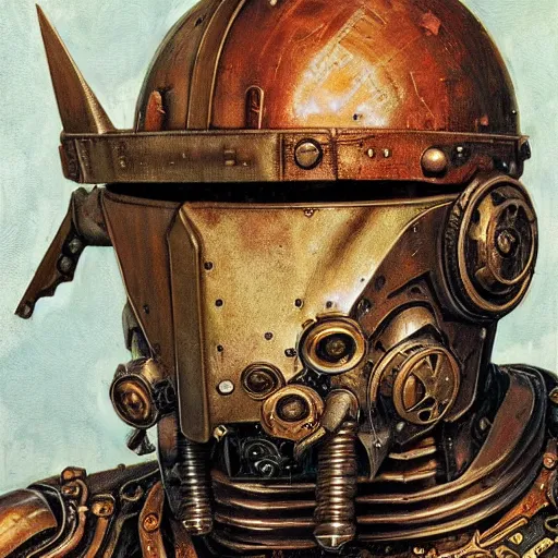 Image similar to the doomslayer as a steampunk knight, realistic closeup portrait art by norman rockwell and donato giancola and greg rutkowski, a - symmetrical