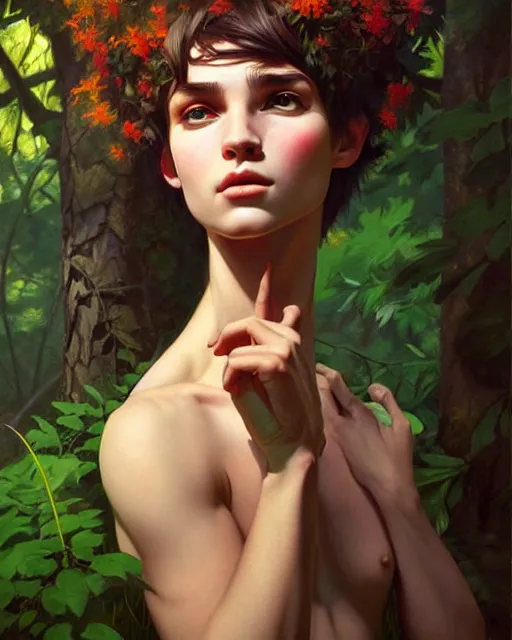 Image similar to stylized portrait of an artistic pose, composition, young faun surrounded by nature, realistic shaded, fine details, realistic shaded lighting poster by ilya kuvshinov, magali villeneuve, artgerm, jeremy lipkin and michael garmash and rob rey