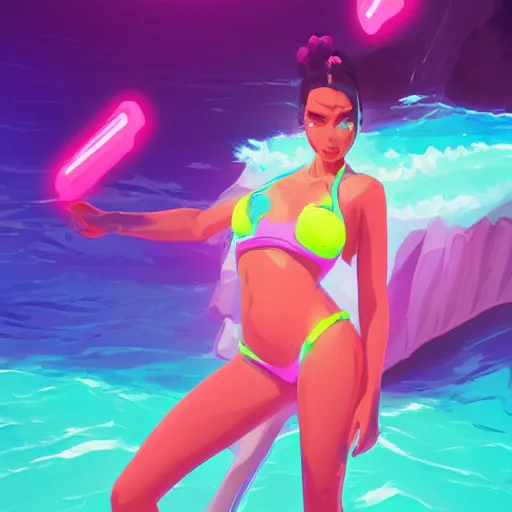 Image similar to neon bikini woman in the ocean | hyperrealistic digital painting by makoto shinkai, ilya kuvshinov, lois van baarle, rossdraws | afrofuturism in the style of hearthstone and overwatch, trending on artstation