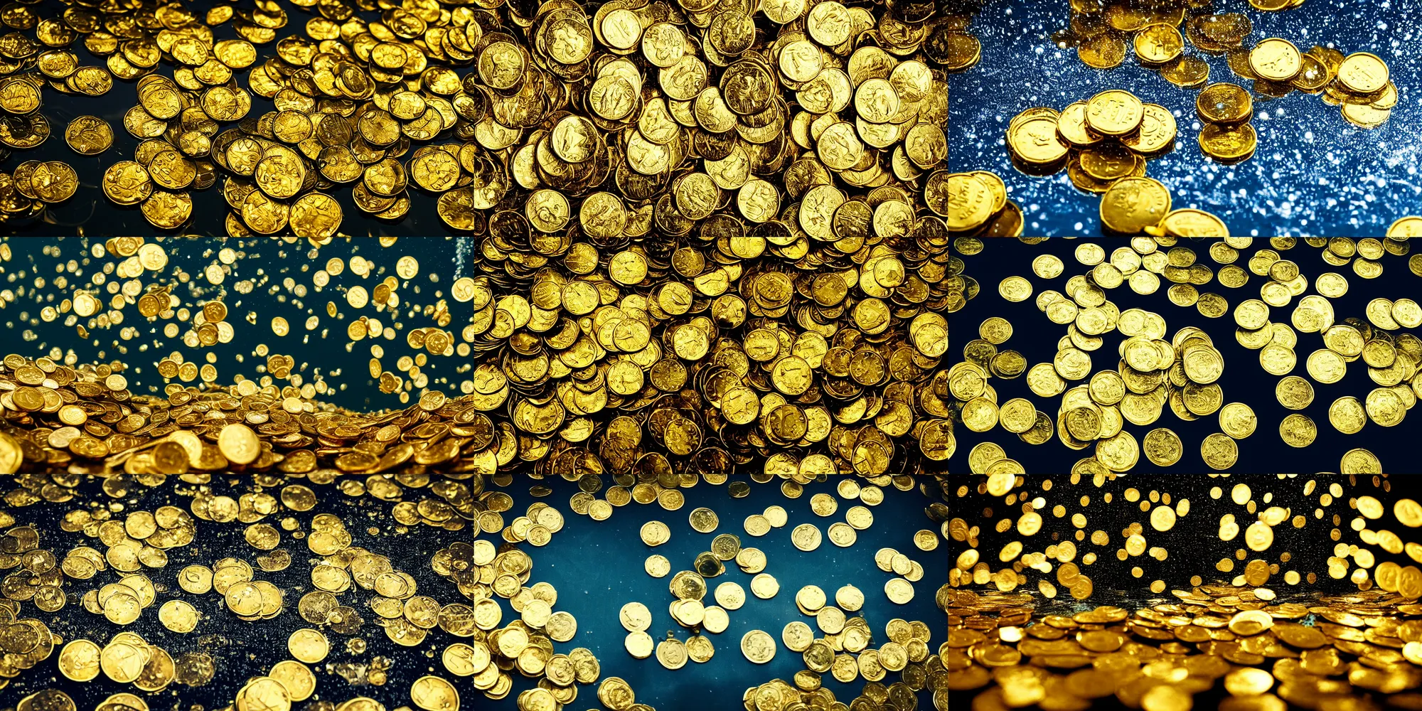 Prompt: a photograph of shiny gold coins falling Underwater, cinematic style, ultra realistic, dark, HDR