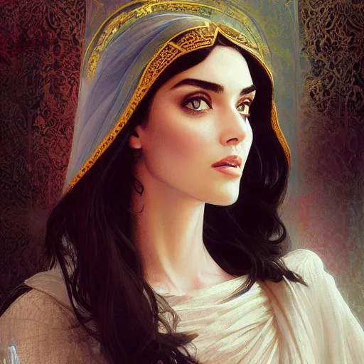 Image similar to ameera al taweel, bright blue eyes, long wavy black hair, white veil, digital painting, artstation, concept art, smooth, sharp focus, illustration, ArtStation, art by artgerm and greg rutkowski and alphonse mucha and Edmund Blair Leighton