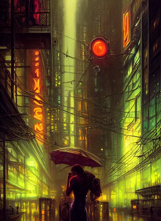 Image similar to rainy night in a cyberpunk city, neon lights, intricate, elegant, highly detailed, centered, digital painting, artstation, concept art, smooth, sharp focus, illustration, artgerm, tomasz alen kopera, peter mohrbacher, donato giancola, joseph christian leyendecker, wlop, boris vallejo