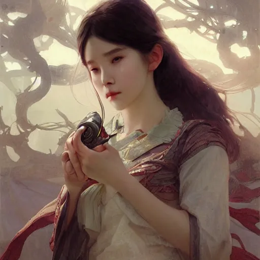 Prompt: IU, Lee Ji-Eun, very detailed, digital art, concept art, studio quality, ethereal, art style by Greg Rutkowski and Alphonse Mucha