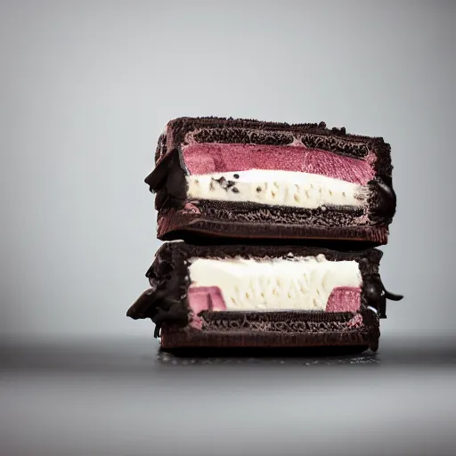 Prompt: oreo Ice cream sandwich with thin sliced ham in the middle, 4K photo, studio lighting