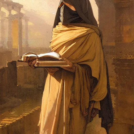 Prompt: half portait of monk wearing a closed cowl and big old book! chained to the wrist, jeremy mann, jean - leon gerome, tiepolo, alphonse mucha, greg rutkowski, face in the shadows, ( ( ruins of ancient rome ) ), at dusk, mysterious atmosphere, sunrays, dof, high detailed, 8 k
