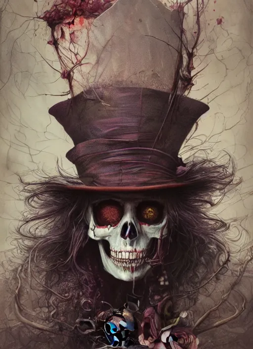 Prompt: Mad Hatter, Death Tarot card,highly detailed,half skull face,cinematic,8k,by Stanley Artgermm,Tom Bagshaw,Greg Rutkowski,Carne Griffiths, Ayami Kojima, Beksinski, Giger,trending on DeviantArt,hyper detailed,horror, full of colour