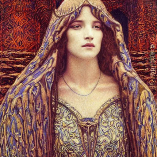 Image similar to detailed realistic portrait of a beautiful young medieval queen by jean delville, art nouveau, symbolist, visionary, gothic