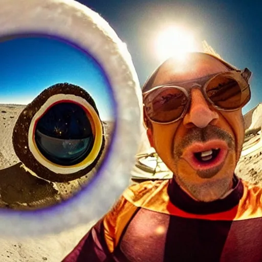 Image similar to robert downey jr eating a delicious hot dog on the moon, gopro selfie with a fisheye lens