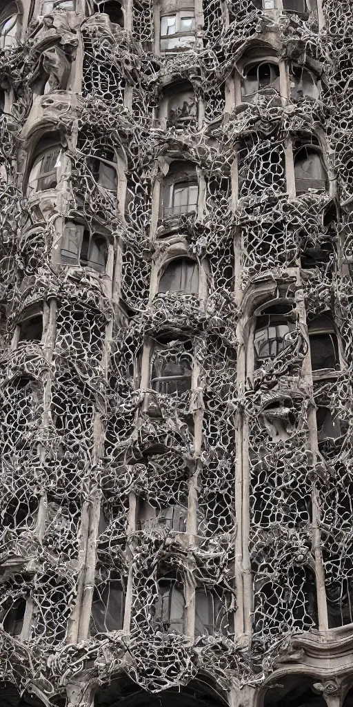 Prompt: a professional photograph of a very beautiful beautiful modern building by Louis Sullivan and H.R. Giger covered in ironwork vines, deep crevices of stone, stone balconies, Chiaroscuro, layers of colorful reflections, rusticated stone base, rusticated stone base, rusticated stone base, a dramatic sky, crowds of people climb the building, a dramatic sky, crowds of people , Sigma 75mm, ornate, very detailed, Symmetrical composition, centered, intricate, panoramic, Dynamic Range, HDR, very chromatic aberration, Orton effect, 8k, photo by Marc Adamus, painting by Jeremy Mann, cinematic, vignette, vignette tilt-shift, bokeh , atmospheric, trending on artstation