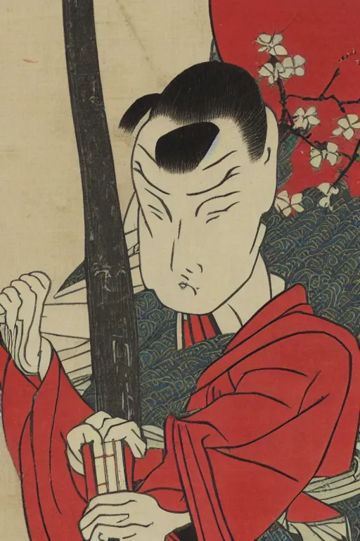 Image similar to Japanese woodblock print of Bib fortuna holding a samurai sword, Cherry Blossom, Hokusai