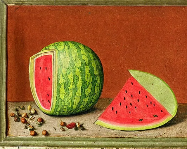 Prompt: a 1 5 th century medieval oil painting of a watermelon with lots of rind and large seeds. high quality scan