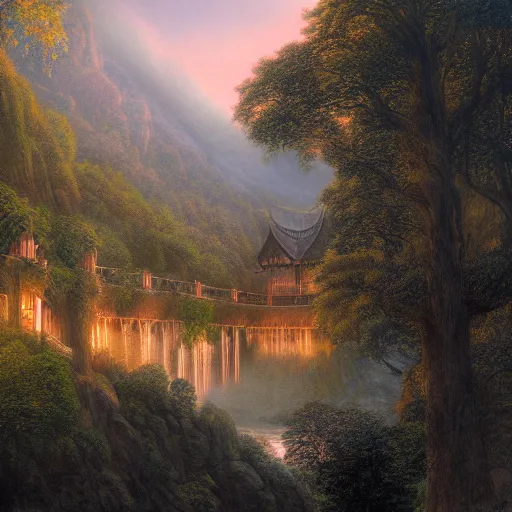 Prompt: Rivendell in the evening, detailed matte painting, Alan Lee, Artstation