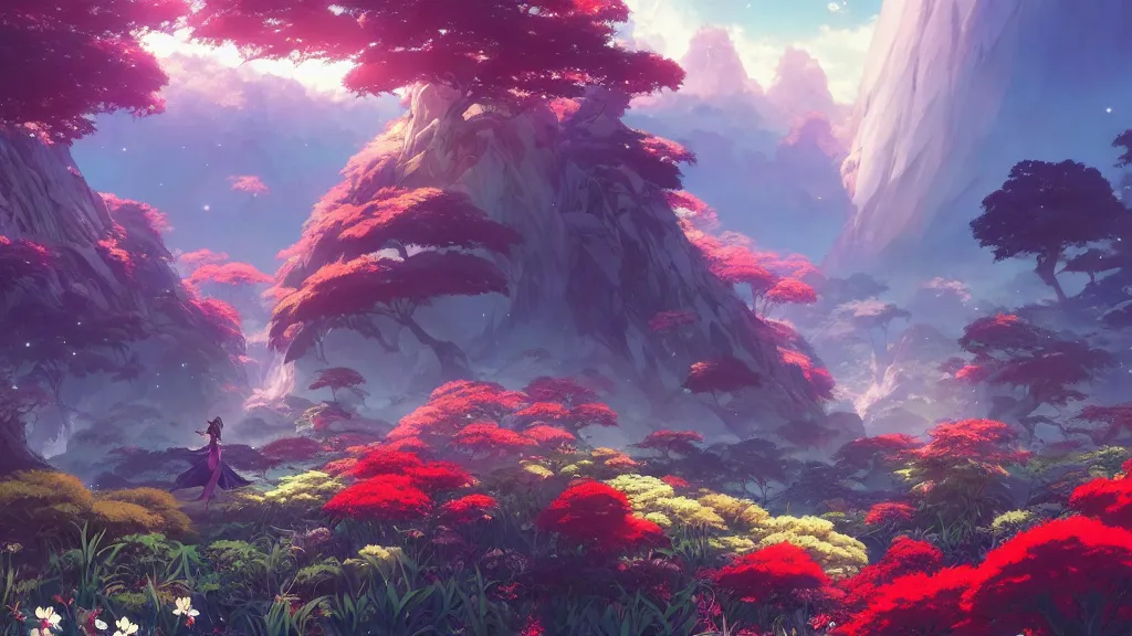 Prompt: magical fantasy landscape, exotic flora and fauna, epic composition, dynamic colors, ilya kuvshinov, kyoani, artgerm, krenz cushart, hiroaki samura, yoshinari yoh, james jean, katsuhiro otomo, erik jones, cel shaded, anime poster