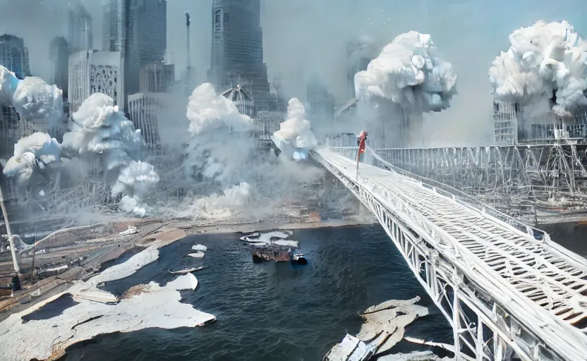 Image similar to explosions in the form of realistic white cotton plants on harbour bridge, huge white cotton everywhere on the destroyed harbour bridge, smooth, sharp focus, highly detailed, 3 d octane render, epic lighting, crazy atmosphere, lots of white cotton, 8 k, by goro fujita