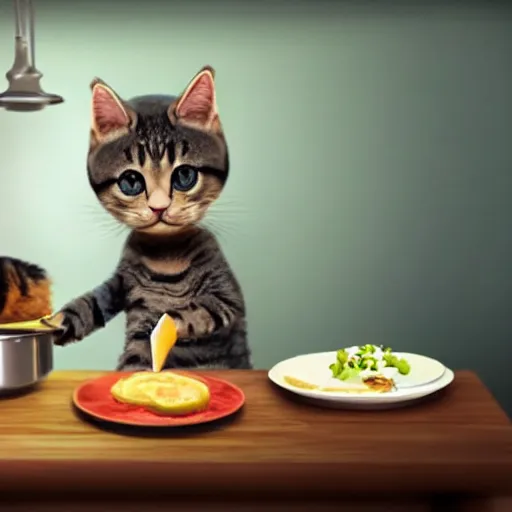 Image similar to a cute cat cooking a breakfast, highly detailed, masterful, cinematic