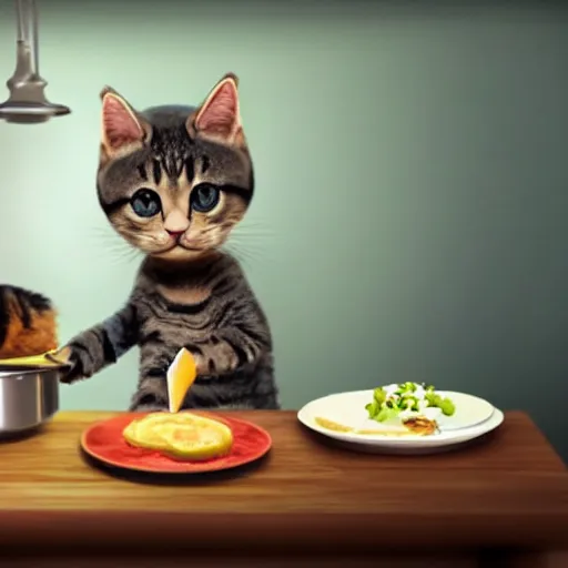 Prompt: a cute cat cooking a breakfast, highly detailed, masterful, cinematic