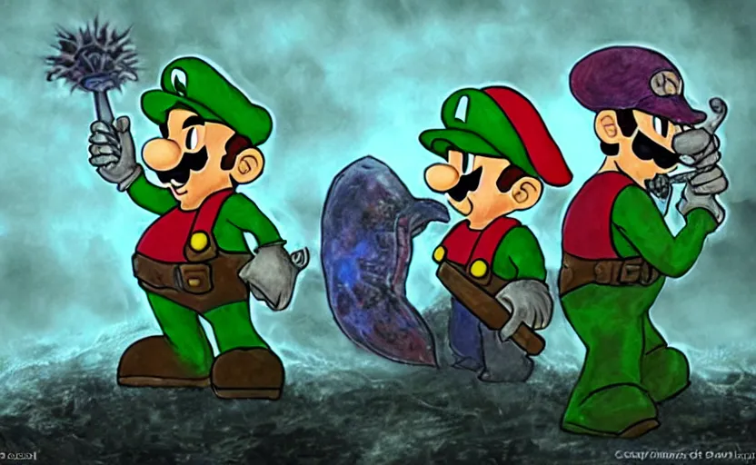 Image similar to mario and luigi as dark souls bosses, eldritch art, gothic medieval boss, epic battle, dual fight, cinematic art, character portrait, boss encounter, dangerous, fallen mushroom kingdom, castle ruins and demented goombas