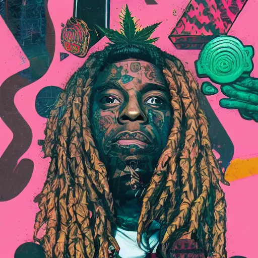 Prompt: profile picture of lil wayne, weed, graffiti, hard edges, geometric 3 d shapes, stoned, og, trippy, asymmetrical, surreal, marijuana, 8 k, smoke, highly detailed masterpiece by sachin teng