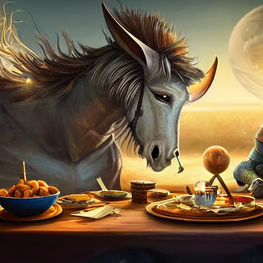 Image similar to zoom out, ultrarealistic, ultradetailed, war donkey eating breakfast, sitting on a futuristic table with aliens, at the end of the universe, very very very ultradetailed, epic fantasy style art, fantasy epic digital art, epic fantasy art, hearthstone style art