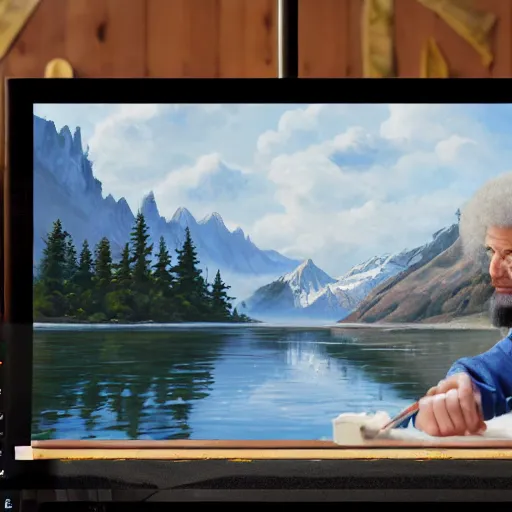 Image similar to a closeup photorealistic photograph of bob ross working on a canvas painting of wonder woman. film still. brightly lit scene. mountains and trees. this 4 k hd image is trending on artstation, featured on behance, well - rendered, extra crisp, features intricate detail, epic composition and the style of unreal engine.