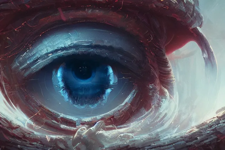 Image similar to portrait of a mystical giant eye, intricate, abstract, cinematic, octane render, wlop, greg rutkowski, dan mumford, artgerm