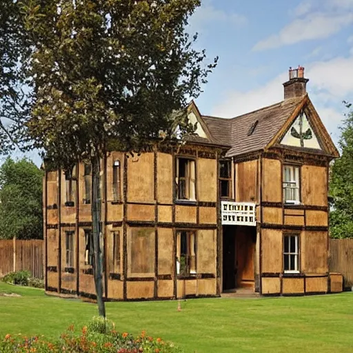 Image similar to an english victorian house built with wooden pallets