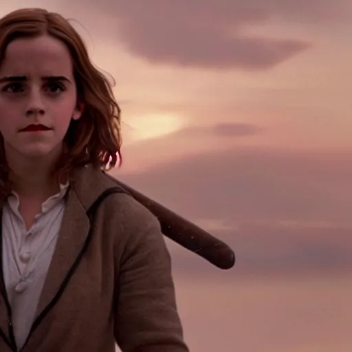 Image similar to still of emma watson as hermione granger holding a wand. prisoner of azkaban. during golden hour. extremely detailed. beautiful. 4 k. award winning.