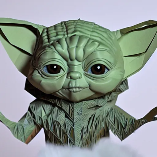 Prompt: cut paper sculpture of baby yoda