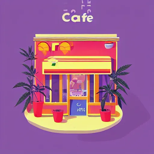 Image similar to isometric cute cartoon illustration style cafe australian, decorated with cute cannabis pot plants 🪴 utopian australiana simple frontage, poster, beautiful composition pastel palette by will barnet, digital art, hyperrealistic, sharp detailed soft, render cartoon by pixar