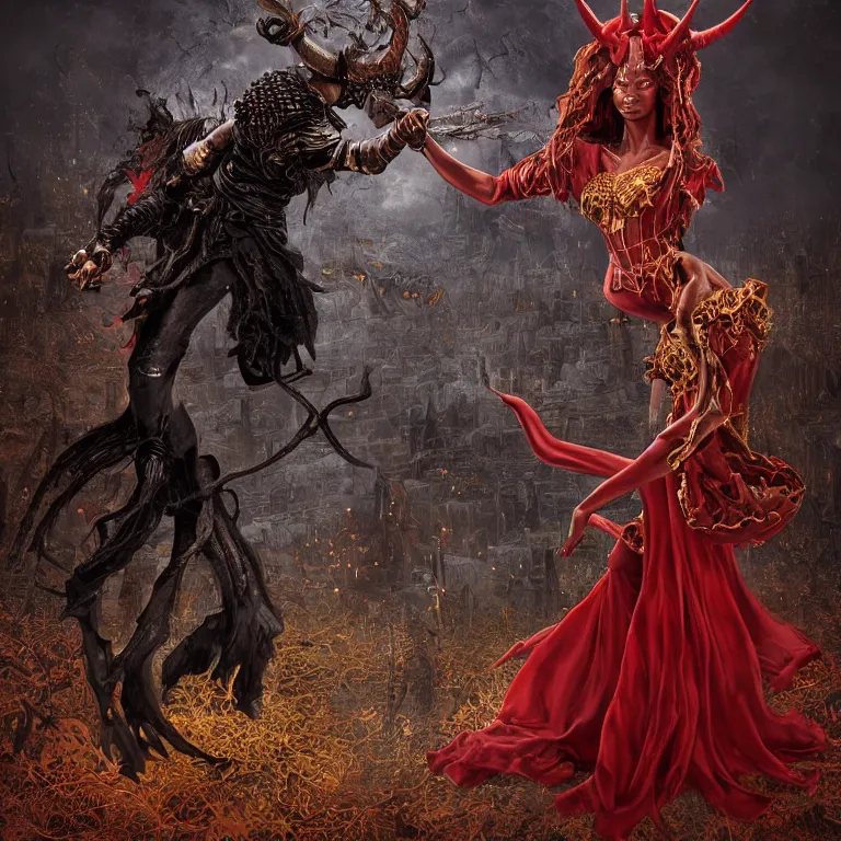 Prompt: black man and a female devil in red dress with horns are dancing together, in Dark souls and elden ring style, insanely detailed and intricate, golden ratio, hypermaximalist, elegant, ornate, luxury, elite, ominous, haunting, matte painting, cinematic, cgsociety, James jean, Brian froud, ross tran, Laputa, photorealism