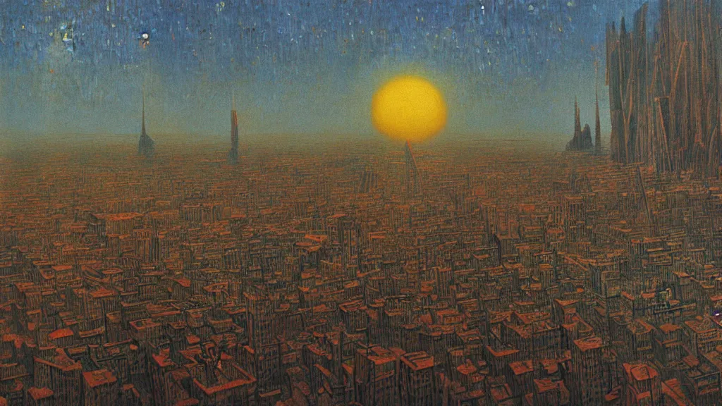 Prompt: Futuristic City Landscape oil painting by Zdzisław Beksiński and Van Gogh