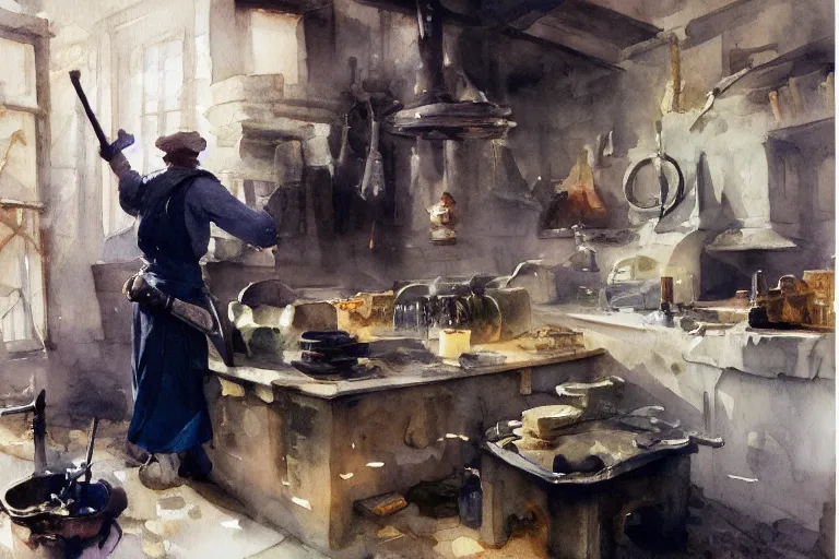 Image similar to small centered on watercolor paper, paint brush strokes, abstract watercolor painting of dirty medieval blacksmith with apron and hammer, anvil, kiln, cinematic light, national romanticism by hans dahl, by jesper ejsing, by anders zorn, by greg rutkowski, by greg manchess, by tyler edlin