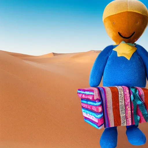 Image similar to blue'snappy gifts'human - sized plush doll, looking at the camera, in the desert, holding gift, happy atmosphere, high detail, 8 k