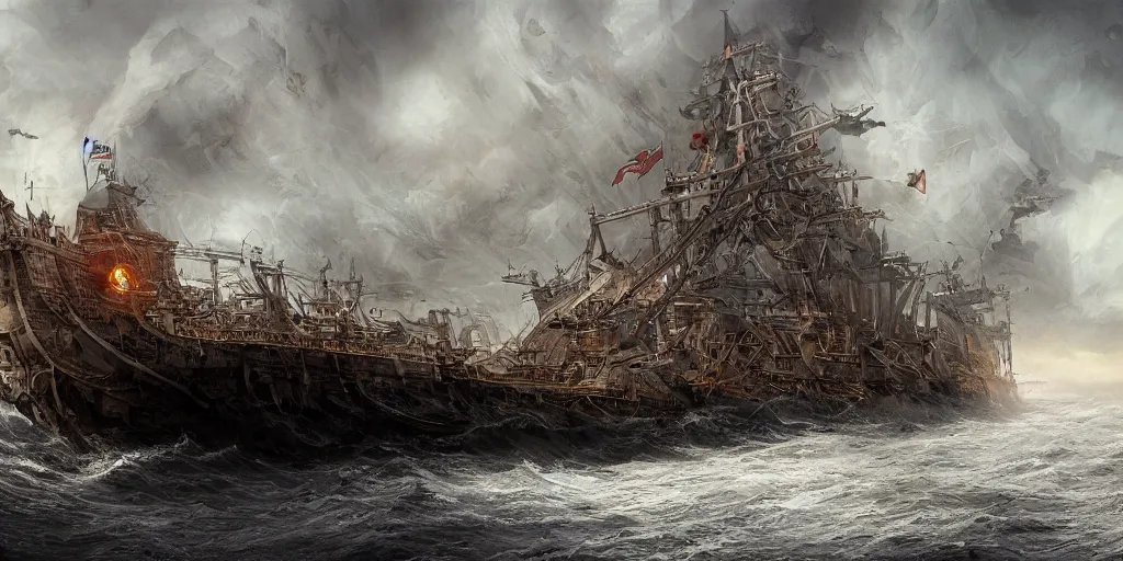 Image similar to there once was a ship that put to sea, the name of the ship was the billy of tea, the winds blew up, her bow dipped down, oh blow, my bully boys, blow by alan lee, intricate, highly detailed, digital painting, artstation, concept art, smooth, sharp focus, illustration, vfx