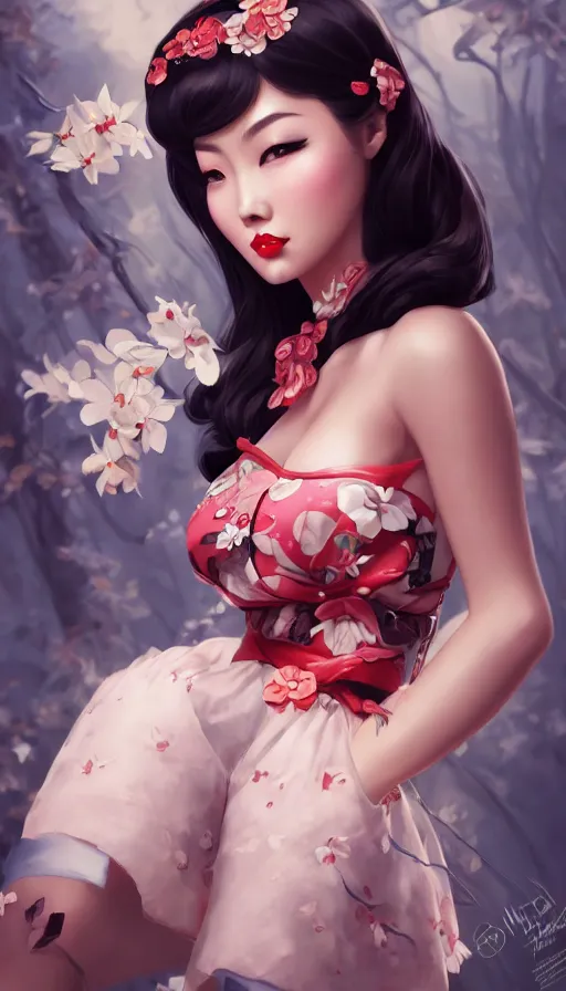 Image similar to a pin up and beautiful fashion and charming and dreamlke asian girl with lv jewelry, medium shot, art by artgerm & ross tran & wlop, hyperdetailed, 8 k realistic, symmetrical, frostbite 3 engine, cryengine, dof, trending on artstation, digital art