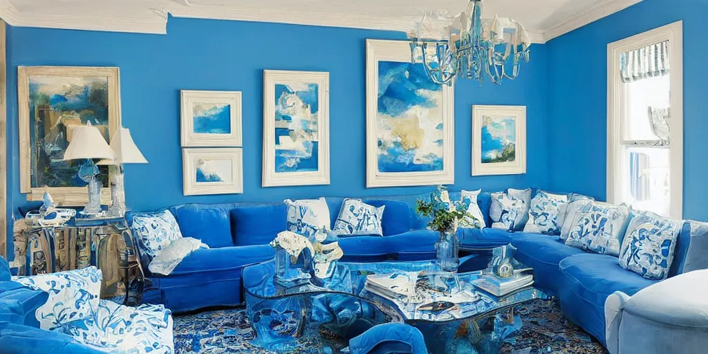 Image similar to ultra wide photo the ultimate essence of blue, a residential interior that's completely a solid bright blue on every surface and every item, blue personified, thick overflowing paint and poofy blue couches, really really really blue. a large photograph on the wall is a picture of blue ocean waves. blue, blue, more blue, photorealistic, hyperreal