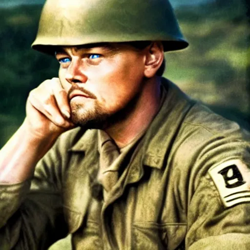 Prompt: leonardo dicaprio as a us ww 2 soldier during the battle of the rhine, cinematic lighting photorealistic highly detailed