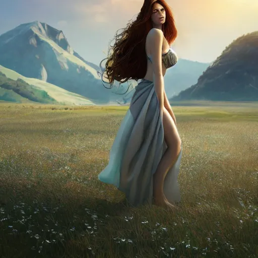 Image similar to a radiant greek mythology goddess walking in a beautiful field, mountains in the distance, medium shot, jewelry, crown, confident, gorgeous, stunning, dramatic lighting, detailed, very realistic, trending on Artstation, Cgsociety