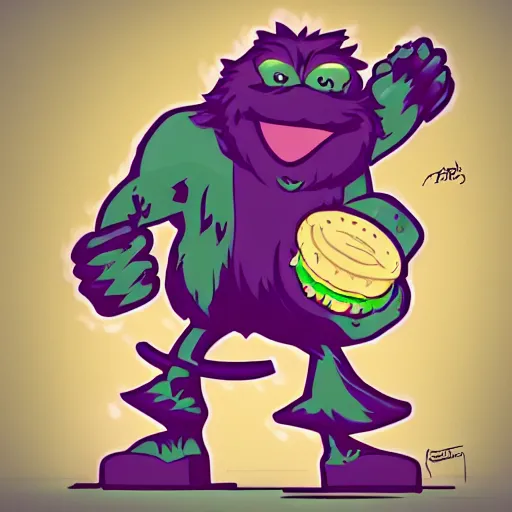 Image similar to The Philly Phanatic fist-fighting Gritty over a quarter-pounder with cheese, digital art, realistic, trending on artstation