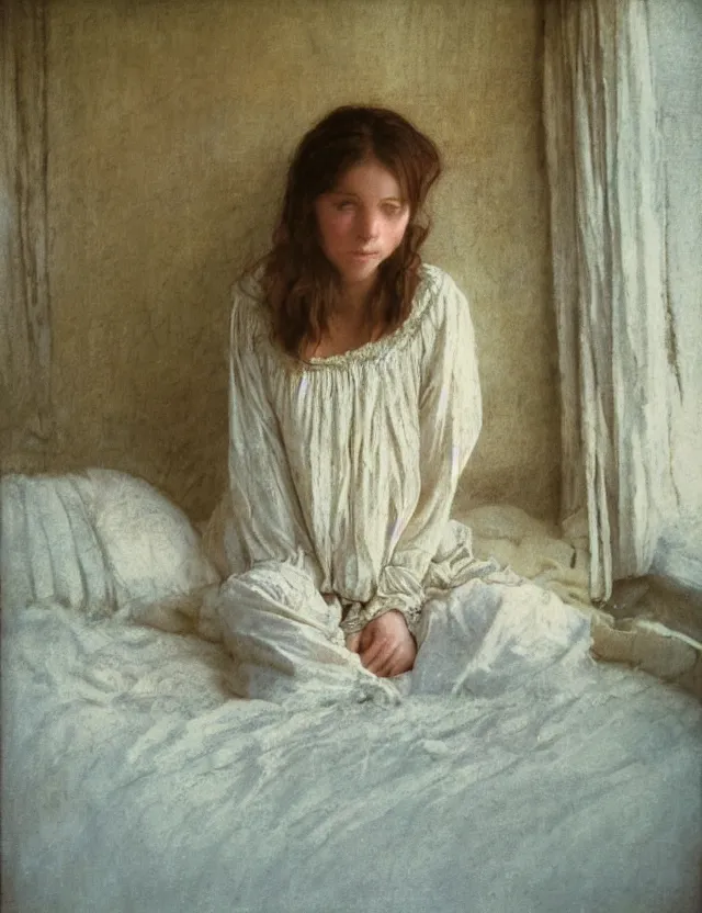 Prompt: peasant girl in a morning in country house sitting on a bed, cottage core, polaroid photo bleached vintage pastel colors high - key lighting, soft lights, foggy, by steve hanks, by lisa yuskavage, by serov valentin, by tarkovsky, detailed, oil on canvas