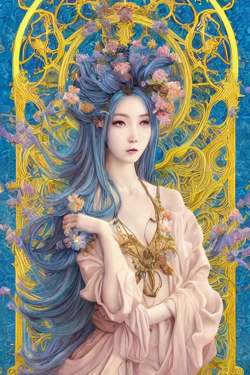 Image similar to breathtaking detailed painting by pilyeon and yuumei art of a full shot queen with long flowing bright blue hair, long dress and pastel flowers petals and golden tumultuous clouds, symmetrical facial features, at dawn in front of a pristine golden art nouveau cathedral, elegant, volumetric lighting, highly detailed, artstation, concept art, matte, sharp focus,