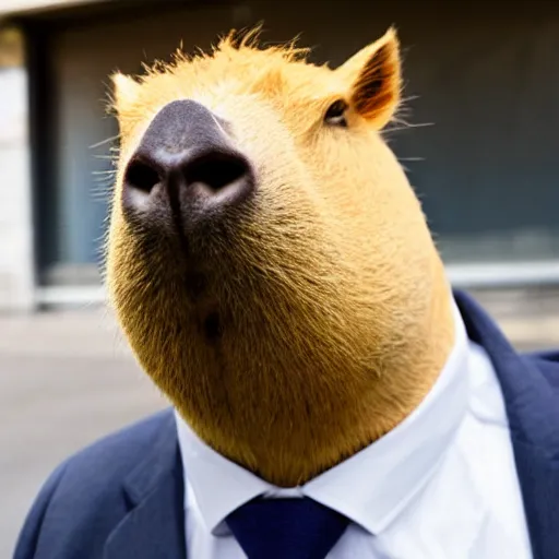 Image similar to capybara head, a man wearing a suit capybara head