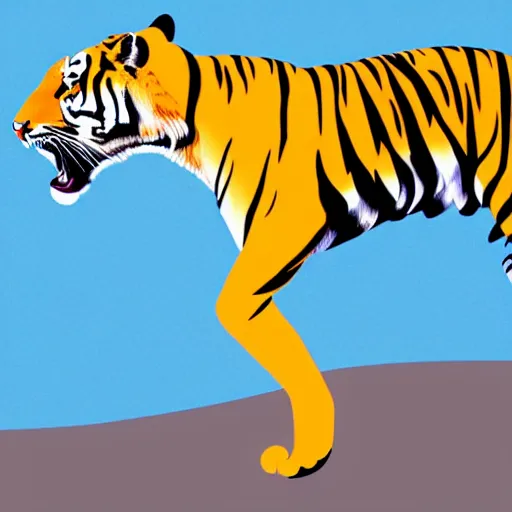 Image similar to tiger walking with backdrop showing the sky, palm tres. the tiger has sharp claws and teeth. in minimal colourful geometric illustration style digital painting