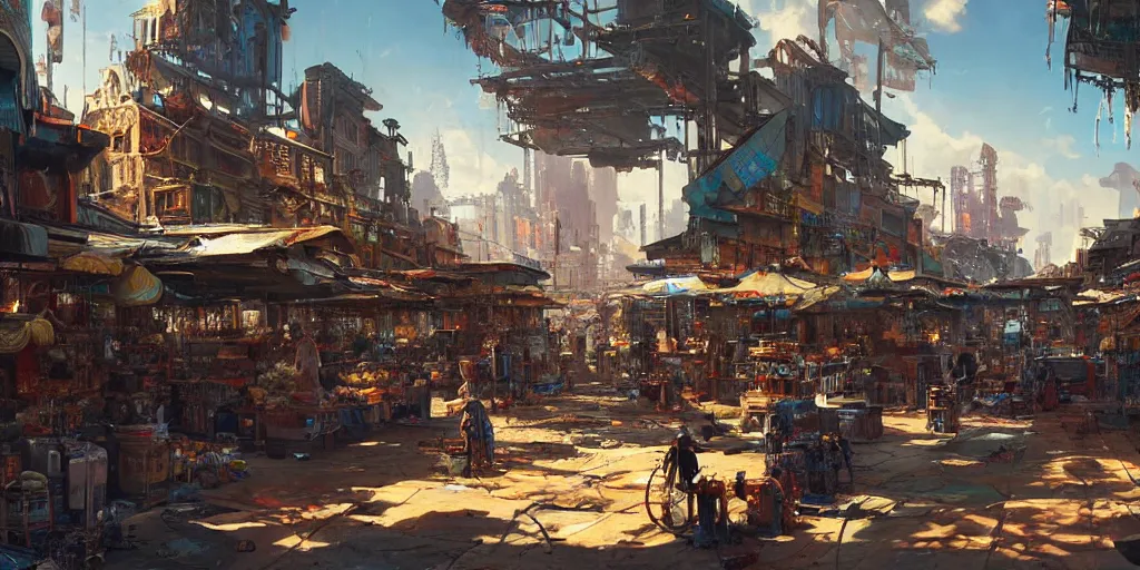 Prompt: screenshot of a vibrant marketplace in a massive makeshift city, dappled light, colossal arcing metal structures high in the sky, beautiful, awe inspiring, fps, by james gurney, greg rutkowski, sparth, cinematography, cinematic masterpiece