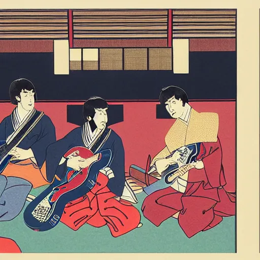 Image similar to The Beatles playing in the Budokan, Ukiyo-e art,