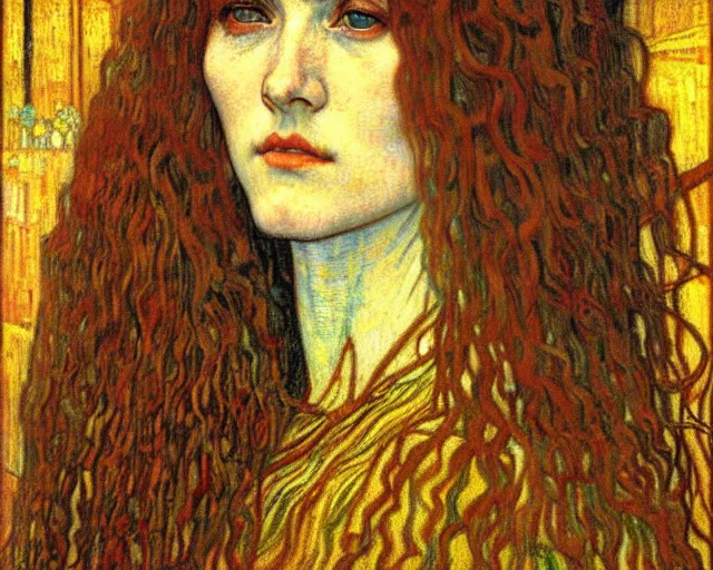 Image similar to detailed realistic beautiful young medieval queen face portrait by jean delville, gustav klimt and vincent van gogh, art nouveau, symbolist, visionary, gothic, pre - raphaelite, muted earthy colors, desaturated