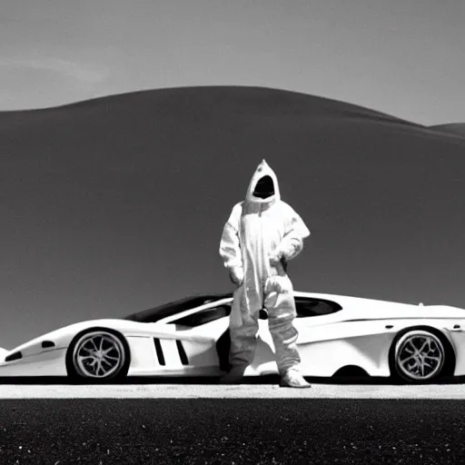 Prompt: a man wearing a hazmat suit, standing on top of a saleen s 7, in the desert, film still, panaflex panavision