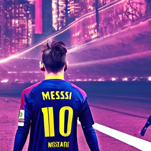 Prompt: messi playing soccer, cyberpunk aesthetic, 4 k, high - res, highly - detailed