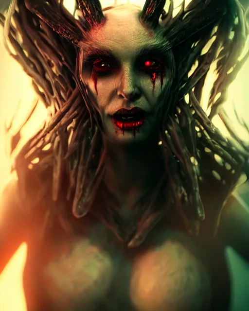 Image similar to beautiful headshot of the psychotic nightmare queen, bleeding eyes, melting features, black sclera, realistic render, unreal engine, cgsociety, trending on deviantart, cinematic lighting, highly detailed